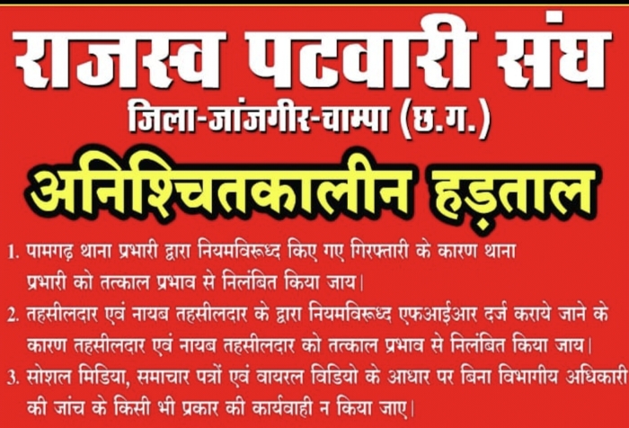 रिश्वत लेने वाले पटवारी की गिरफ्तारी का विरोध, पटवरी संघ ने शुरू किया अनिश्चितकालीन हड़ताल, तहसीलदार, नायब तहसीलदार और थाना प्रभारी को निलंबित करने की है मांग, मुख्यमंत्री के दौरे के पहले बिगड़ी राजस्व विभाग की व्यवस्था, भटक रहे लोग,